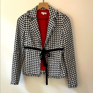 Shoshanna Silk Blazer Black White Check Fringe Velvet Ribbon Bow Size 2
